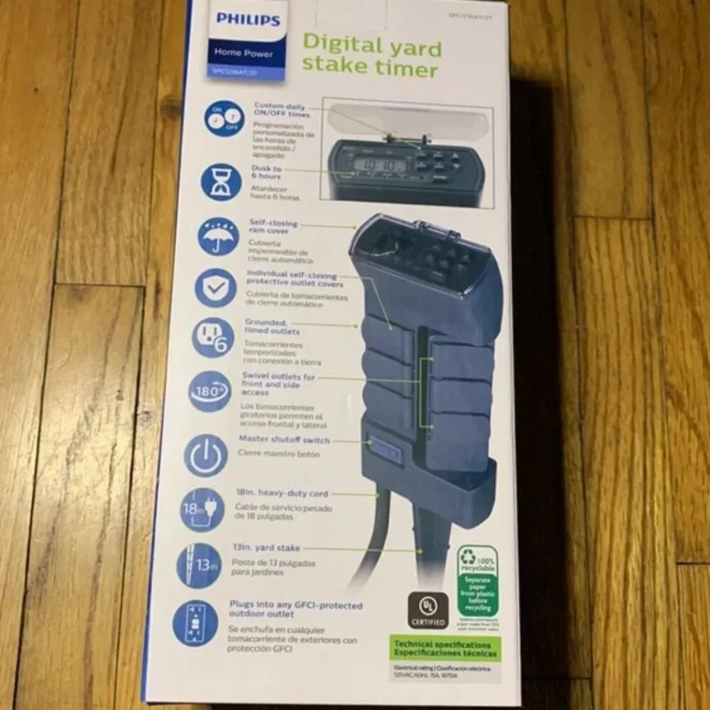 NEW! Philips Timer Outdoor Stake 6 Grounded Outlets 6hr Digital Timer-13
